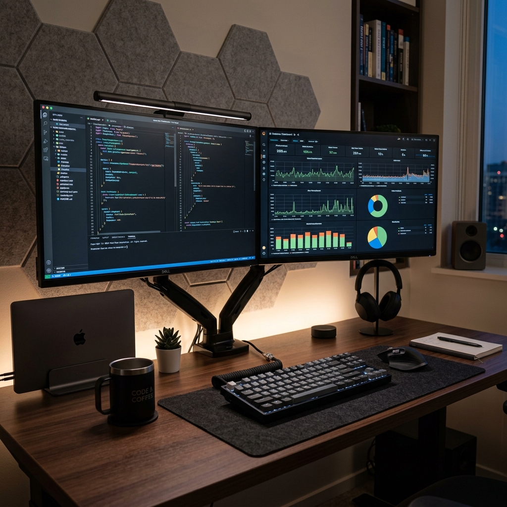 A premium modern UX architect workstation setup with dual monitors showing dashboard analytics and coding interfaces