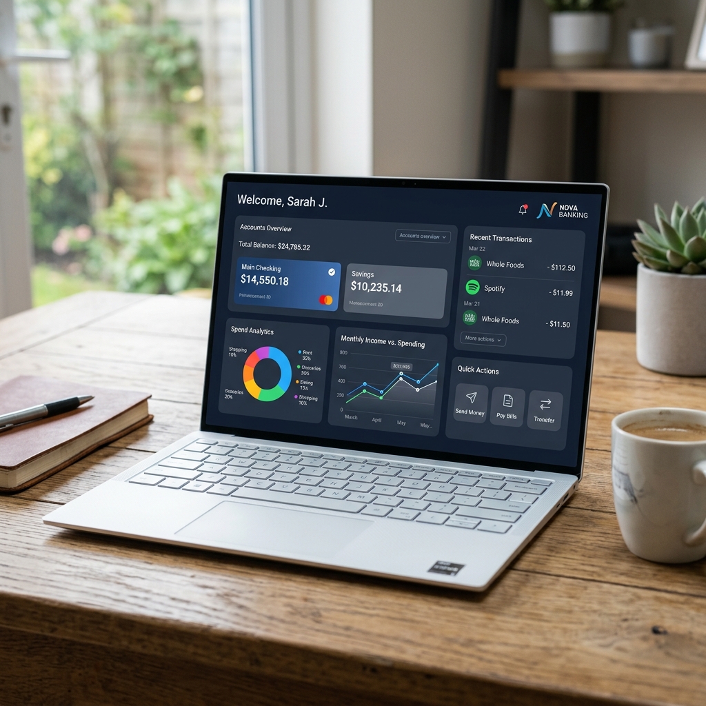 A laptop open displaying the Nova Banking dashboard with transaction panels and spend charts